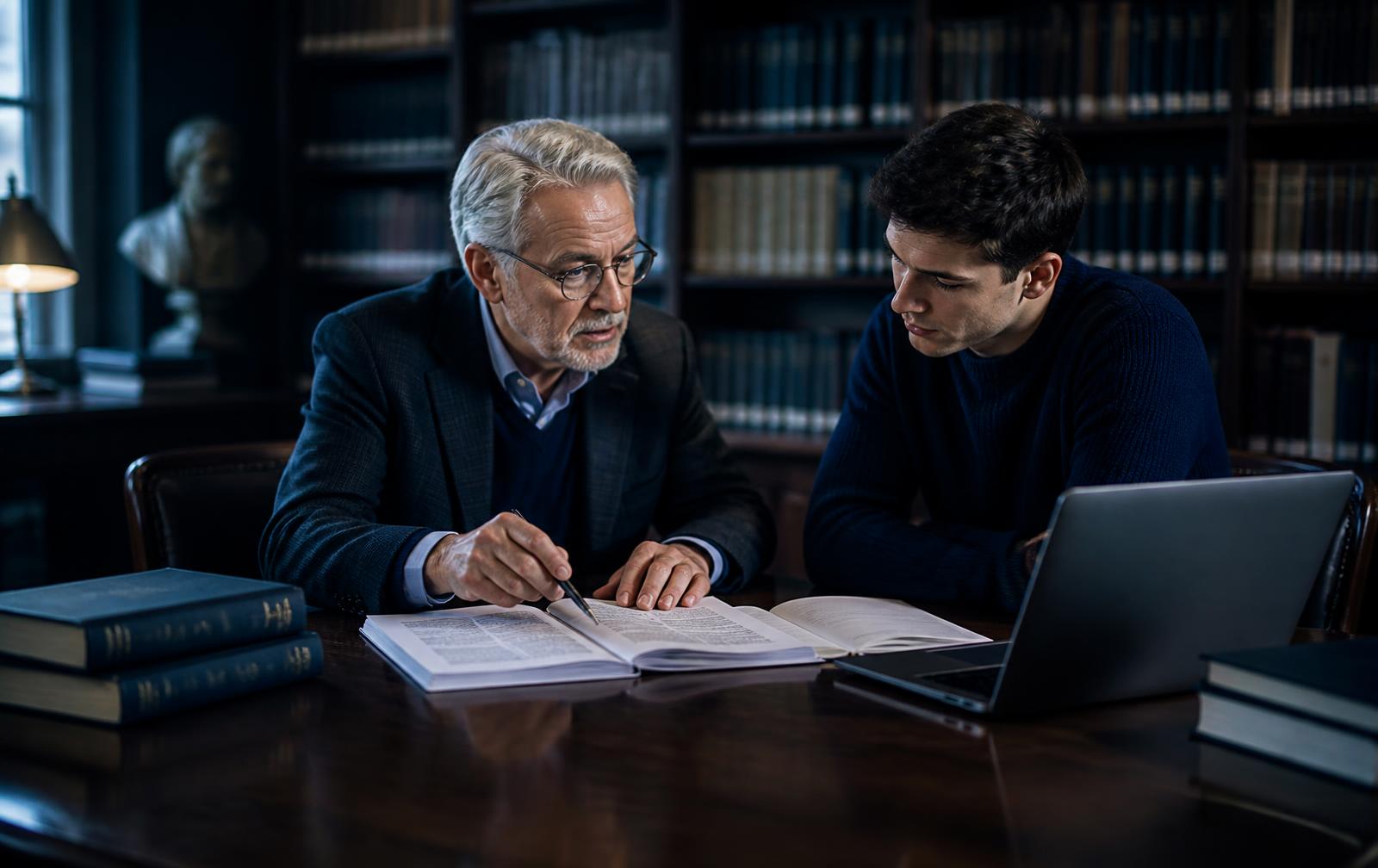 Asesor académico revisando una tesis con un estudiante de posgrado